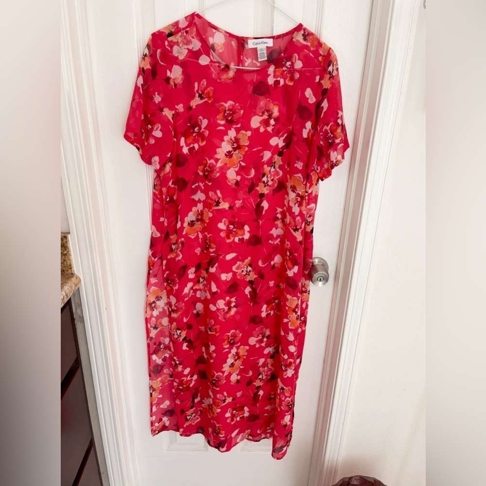 Calvin Klein Women's Chiffon Floral-Print Dress‎ M Sexy Dress Red Floral wedding